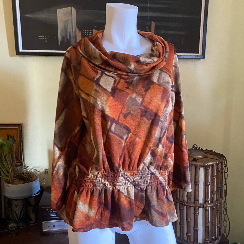 Ladies soft boho Autumn cowl neck abstract cinch waist tunic blouse top